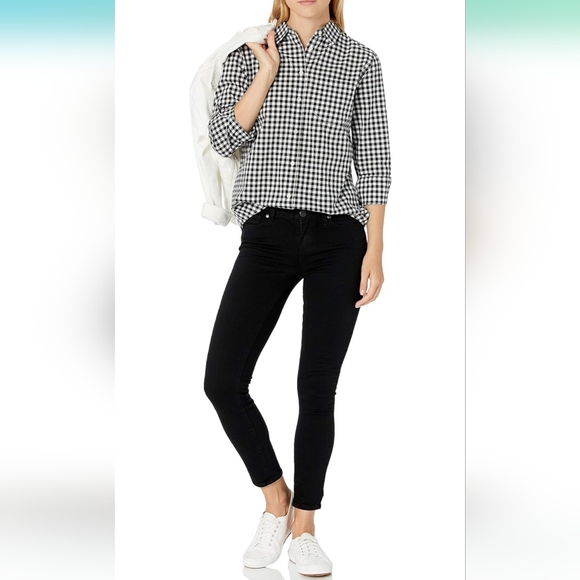 Gingham black & white plaid 3/4 sleeve checkered button up blouse size small - Picture 9 of 10